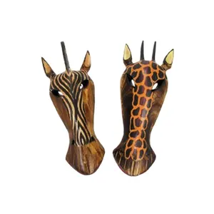 Pair Of Giraffe and Zebra Handicraft African Tribal HeadMasks Polyresin Wall Mount Decor