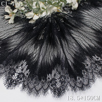 Dentelle Chantilly à cils de luxe 18 cm, tissu en dentelle Chantilly française noire brillante avec paillettes pour robe de soirée