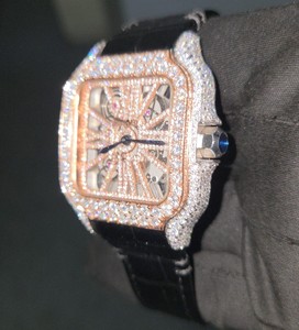 Montre analogique classique de luxe en cuir noir avec diamants en moissanite, acier inoxydable - Product Image 2