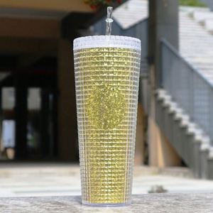 Bouteille d'eau en acrylique à double paroi 710 ml, grande capacité, gobelet laser arc-en-ciel en plastique pour fête avec paille - Product Image 1