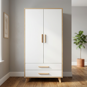 Modern Wardrobe With White Doors And Wooden Frame 2 Drawers Freestanding Bedroom <b>Storage</b> <b>Cabinet</b> Scandinavian Design - Product Image 2