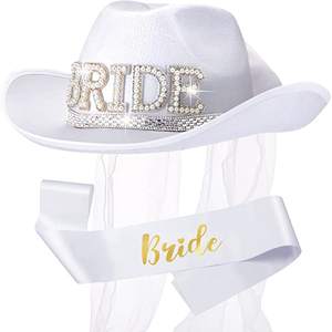 Bachelorette Party Wedding Decoration Bridal Shower Engagement Party <strong>Bride</strong> <strong>Cowgirl</strong> <strong>Hat</strong> with Veil White Cowboy <strong>Hat</strong> - Product Image 1