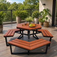 Table de pique-nique hexagonale d'extérieur avec bancs intégrés, structure métallique résistante aux intempéries, bois massif, mobilier de jardin moderne pour patio extérieur