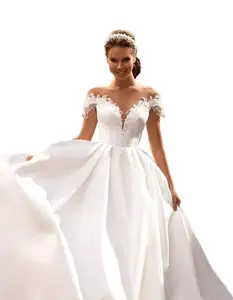 A Line V-Neck dress wedding tuxedos Crystal Off Shoulder Satin sexy Bridal Gown custom wedding dresses