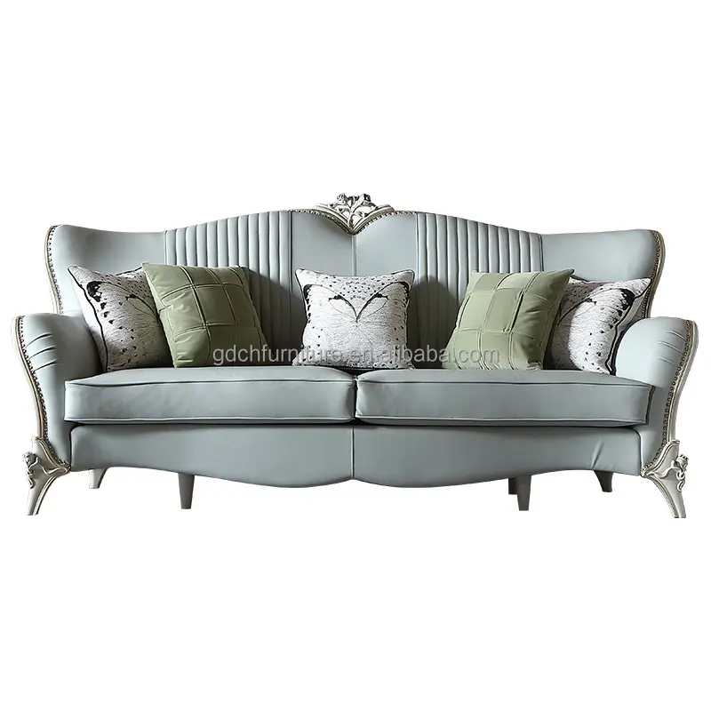 Royal Villa - Conjunto de sofá de madeira maciça luxuoso europeu, conjunto de couro folha de ouro esculpido à mão, conjunto de sofá vintage francês, ideal para sala de estar