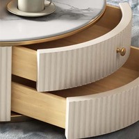 Meubles de salon modernes, table basse en acier inoxydable avec base en or, ensemble de deux pièces de table basse ronde et de meuble TV en pierre blanche