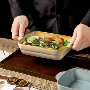 Plat de cuisson en céramique rétro créatif <span class=keywords><strong>pour</strong></span> barbecue japonais et coréen, four à pain à double anse <span class=keywords><strong>pour</strong></span> le <span class=keywords><strong>fromage</strong></span>, bol à riz au four - Product Image 2