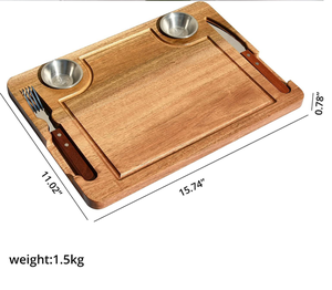 Ensemble de planches à steak en bois d'acacia, plateau de service carré en bois avec fentes pour couteau et fourchette, rainure pour jus, pour steak et barbecue, vente en gros, personnalisable - Product Image 6