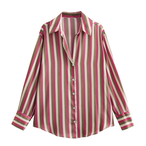 Camisa de mujer Fabricantes personalizados ODM Rayas Turn Down Collar Manga larga Button Down Tops Trabajo Oficina Blusas formales personalizadas - Product Image 2