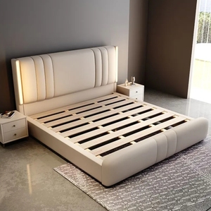 Lit double de luxe King Queen avec cadre en bois et tête de lit rembourrée en cuir, meuble de chambre moderne et contemporain avec rangement intégré - Product Image 5