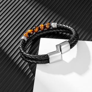 High Quality Men's Stainless Steel Fashion <b>Bracelet</b> Wholesale Leather <b>Rope</b> with Tiger Eyes Stone - Product Image 5