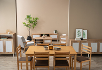 Juego de Comedor Moderno Minimalista de 7 Piezas en Color Roble Natural, Ahorra Espacio, con 1 Mesa y 6 Sillas, para el Hogar y Reuniones Familiares