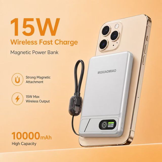 OEM B2B Magnetic Wireless Portable Bank 10000mAh Thin 8.5mm Alloy Shell 15W Qi2 20W PD Quick Charging with a Stand & LED