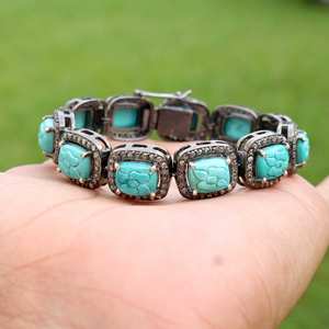 Pulsera de turquesa azul natural Pulseras de oro con diamantes 14K Oro Turquesa Diamante Compromiso Pulseras nupciales de oro - Product Image 2