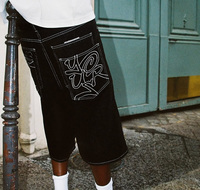 Shorts en jean pour homme coupe droite et large, style baggy, avec broderie personnalisée, logo, patchwork, poche et étiquette personnalisée
