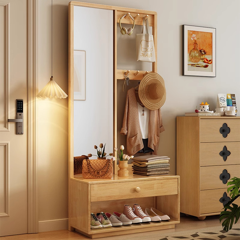 Porte-manteau en bois naturel [Version améliorée avec miroir]