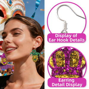 Карнавальные аксессуары из двусторонней ткани с пайетками: фиолетово-зелено-золотые маски, украшения из ириса, карнавальные серьги - Product Image 5