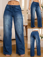 Jean droit ample taille haute pour femme, respirant, avec cordon de serrage élastique, en denim doux et extensible, style vintage décontracté streetwear