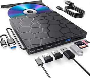 External CD DVD Drive USB 3.0 Portable CD&DVD-ROM +/-RW Disk Player Burner Rewriter Adapter with USB Port and SD/TF Card Reader