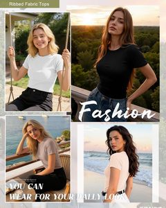 T-<span class=keywords><strong>shirt</strong></span> personnalisé pour <span class=keywords><strong>femme</strong></span>, coupe ajustée, col rond, côtelé, extensible, manches courtes, basique, décontracté, vente en gros OEM - Product Image 5