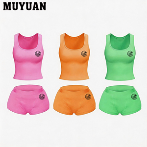 Conjunto de 2 Piezas para Mujer, Top Sin Mangas y Pantalones Cortos de Color Sólido, Corte Ajustado, Verano, Algodón y Elastano, Ropa Deportiva, Informal, para Gimnasio - Product Image 1