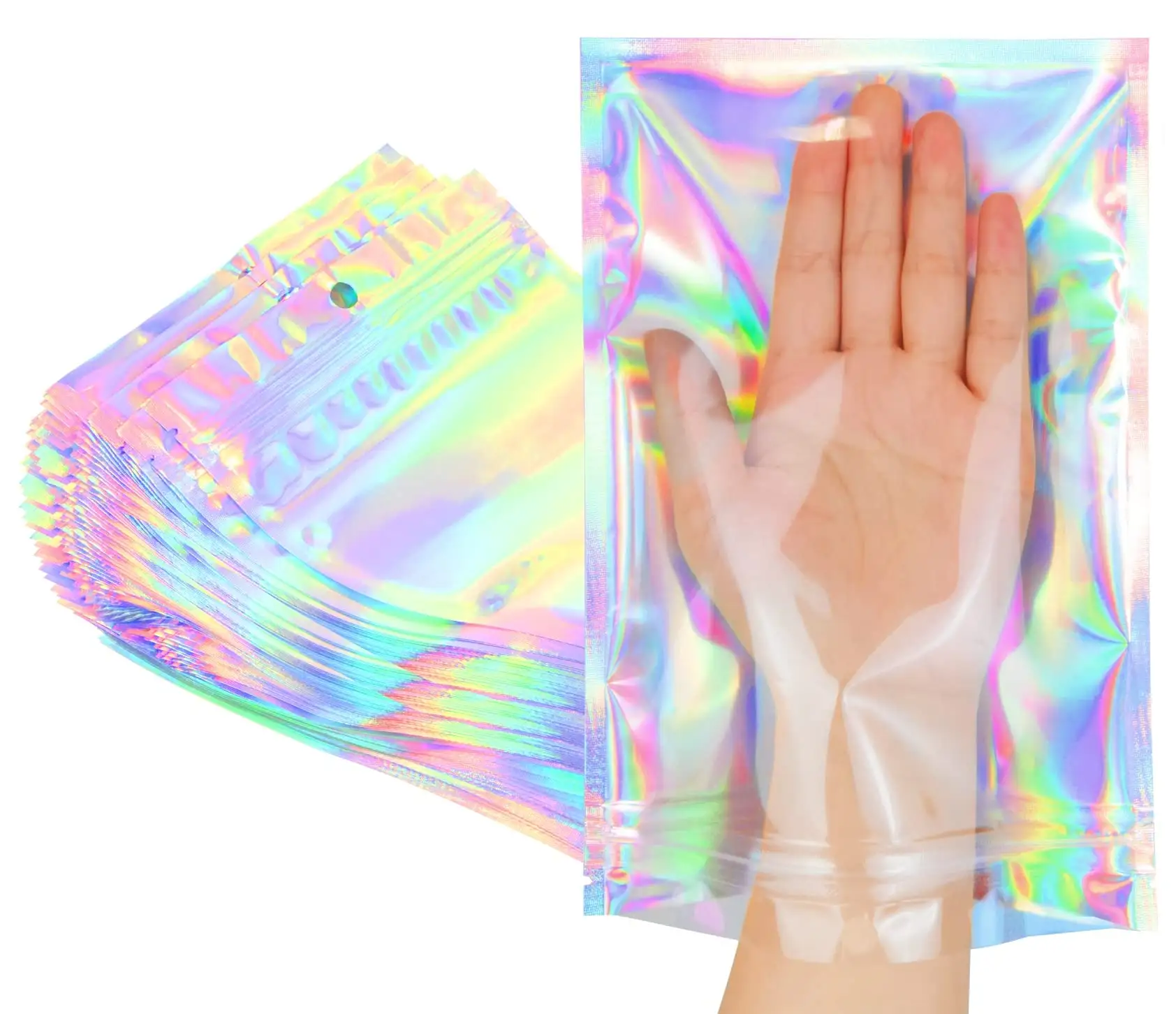 Bolsas holográficas con impresión personalizada y autosellado, bolsa de papel de aluminio, comida, dulces, joyería, manualidades y embalaje de productos básicos, bolsas con cremallera