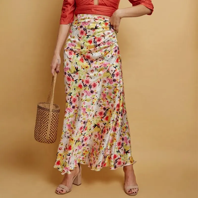 OEM FTY S&S Womens Floral Print Satin Bias Cut Maxi Temperament Faldas Largas Para Mujer Long Sheer Skirt For Women Custom Skirt