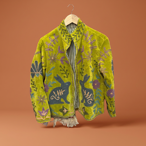 Veste en velours pour femme, col mandarin, manches longues, motif floral brodé à la main, motif lapin, manteau de printemps, design à points ouverts, Suzani - Product Image 4