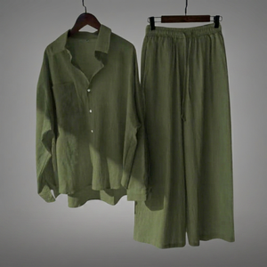 Ensemble coordonné 2 pièces en mélange de coton pour femme 2025 – Chemise coupe classique et pantalon large boutonné, écologique et respirant - Product Image 1