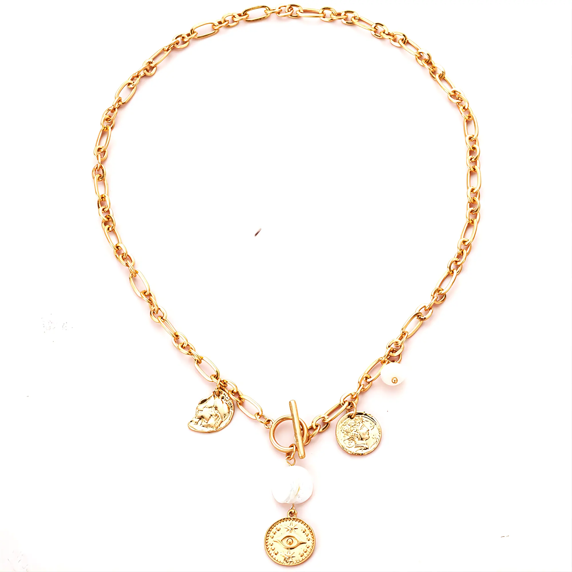 Collier pendentif perle d'eau douce pour femmes Vintage ancienne pièce de monnaie plaqué or chaîne en acier inoxydable bijoux dames décontracté fête WearY