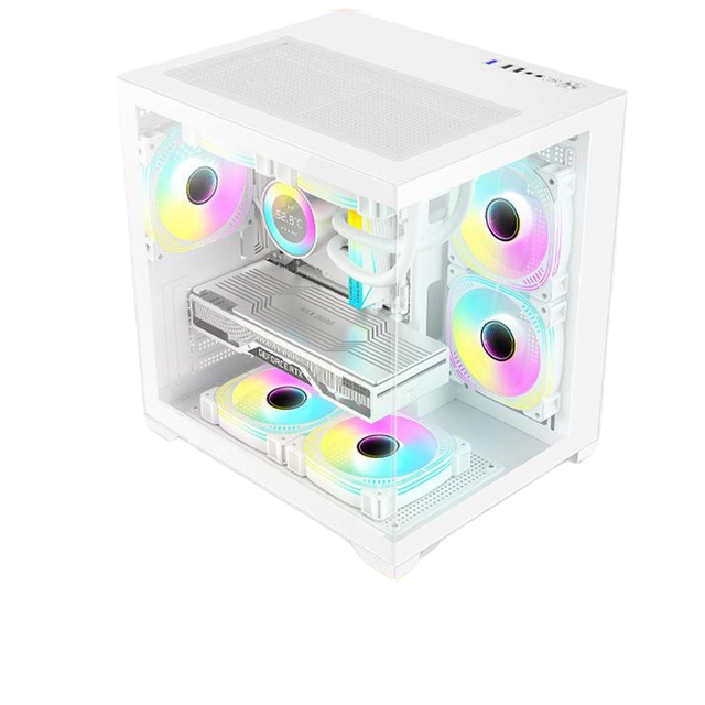 White Mid Tower MicroATX Mini PC Case Panoramic No-Column Vertical Design Water-Cooled Side Panel Plastic Acrylic