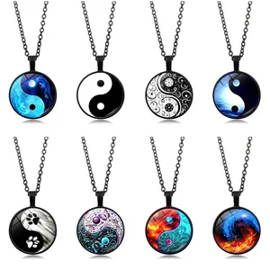 Yin Yang Tai Chi Necklace for Women Jewelry Moon Dragon Cabochon Glass Pendant Fashion Statement Crystal Necklace