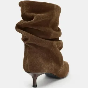 Bottines d'hiver imperméables à lacets, bout pointu, plissées, rétro, élégantes, de créateur pour femmes - Product Image 4