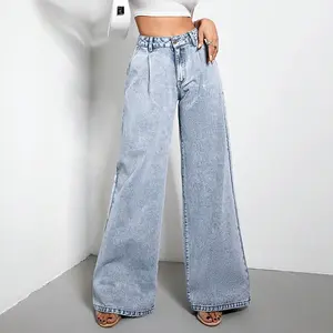 High Waist Wide Leg Trousers Cotton Jeans Women Summer Casual Slimming Vertical Loose Denim Pants