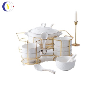 White Ceramic Stockpot Set with Lid Phnom Penh Design Heated Gold Rack Embossed Elegant <b>Dinnerware</b> - Product Image 4