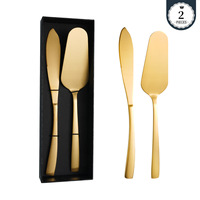 Set Pisau dan Sendok Kue Stainless Steel Emas 2 Buah, Alat Pemotong dan Penyajian Pizza/Dessert untuk Pesta Pernikahan/Ulang Tahun, Dilengkapi Kotak Hadiah