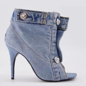 Summer Square Open Toe High-Heeled Short <b>Boots</b> Denim Ankle Women Stiletto Sandals Front Buckles Jeans Shoes - Product Image 6