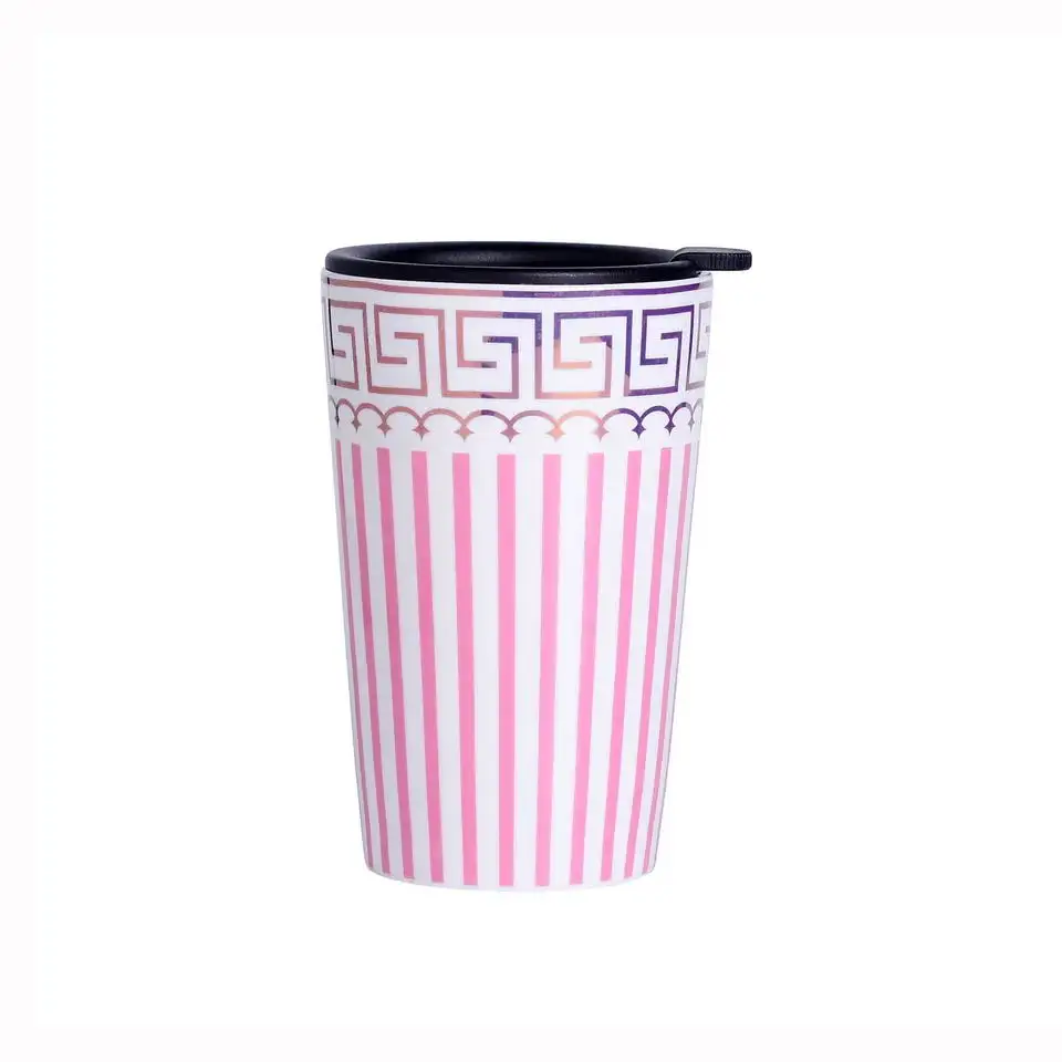 KING'S – tasse personnalisée à Double paroi avec couvercle, tasse en céramique, tasse de voyage à rayures, tasse à café en porcelaine avec couvercle en plastique