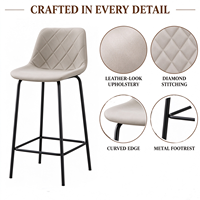 Tabouret de bar moderne en tissu beige crème rembourré avec dossier haut et pieds en métal noir robustes pour comptoir de cuisine