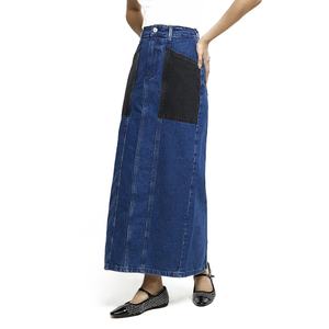 Nouvelle jupe longue en jean taille haute à poches contrastantes pour femme, style vintage décontracté, coupe trapèze - Product Image 1