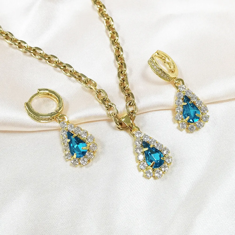 Trendy Jewelry 18K Gold Plated Shining Blue Zircon Waterdrop Pendant Necklace and Earrings Jewelry Set