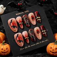 Lot de 30 faux ongles amande Halloween, couleur fumée foncée avec motifs léopard, araignée et chauve-souris dorée, vente en gros