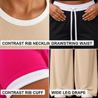 Ensemble deux pièces pour femme en coton et polyester, t-shirt court à manches courtes avec bordure contrastante, pantalon large à taille élastique avec cordon de serrage, été
