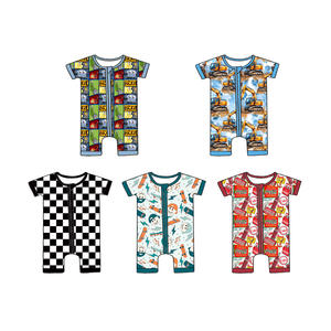 Romper Bayi Pendek Bambu Rts Hot Sale dengan Resleting Dua Arah untuk Unisex, Berbagai Motif Cetak, Pakaian Tidur Bayi Bambu - Product Image 1