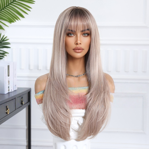 26-inch bán buôn Gradient Màu Hồng Chất lượng cao dài tự nhiên sóng với bangs tổng hợp tóc giả - Product Image 2