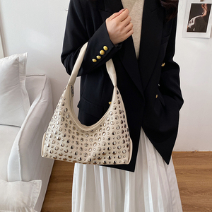 Women's <strong>Studded</strong> Hobo <strong>Bag</strong> Fashion Rivet PU Leather Shoulder <strong>Bag</strong> Daily Tote - Product Image 4