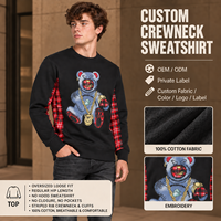 Sweat-shirt col rond personnalisé, patchwork à carreaux rouge et noir, broderie ours en peluche, style streetwear oversize, vente en gros