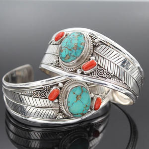 Bohemian Chic <span class=keywords><strong>Turquoise</strong></span> Open <span class=keywords><strong>Cuff</strong></span> Bracelet con filigrana-Pulsera tibetana de turquesa y piedra de coral para mujeres y hombres-Brazalete abierto - Product Image 2
