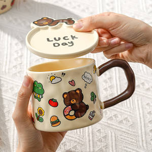 Cerouky Cartoon Animal Party Mug With Lid 301-400ml <b>Ceramic</b> <b>Cup</b> For Couple Gift - Product Image 4