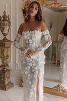 Gaun Malam Putih Khusus Model Off Shoulder dengan Belahan Tinggi di Samping, Gaun Pengantin Berenda dengan Tali di Punggung, Panjang Lantai, Hiasan Bunga 3D
